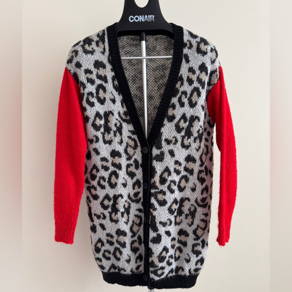 Leopard Print Cardigan with Red Sleeves